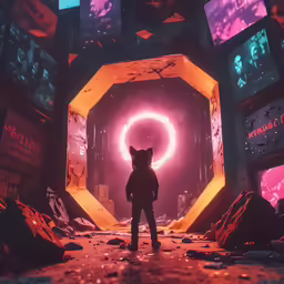 a sci - fier stands in front of bright and colorful television screens
