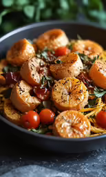 a bowl of pasta with tomato and shrimp