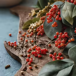 bunches of berries with leaves on a table