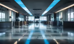 a long hall with glass walls and blue light