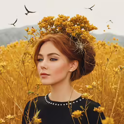 a woman in a field with yellow flowers