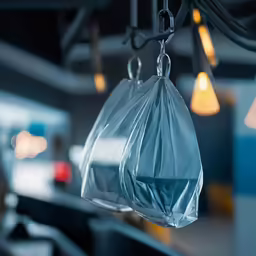 a close up of two plastic bags on the ceiling