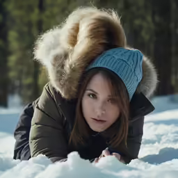 a girl laying in the snow looking for something to eat