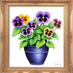a painting of pansies in a pot by a frame,a painting of colorful flowers in a blue pot