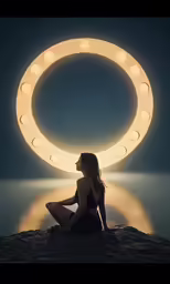 the woman is sitting in front of a light ring
