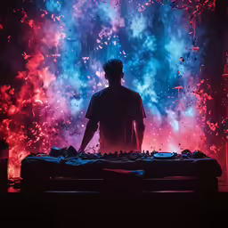 a dj is playing music with colored lights
