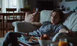 a woman on a couch with food and drinks