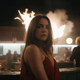 a woman is standing in a dimly lit restaurant