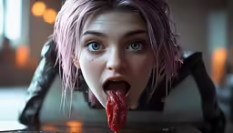 a woman with pink hair sticking out her tongue