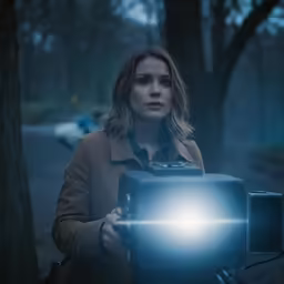 a woman holding a light in front of her