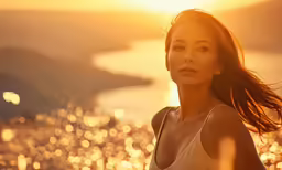 a beautiful woman standing in front of the sun