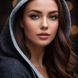 a woman in a hooded sweater and hoodie with her eyes closed