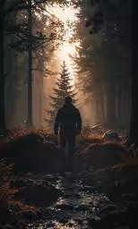 a person is walking through the dark woods
