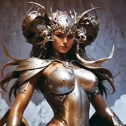 an animation woman in armor posing in the background