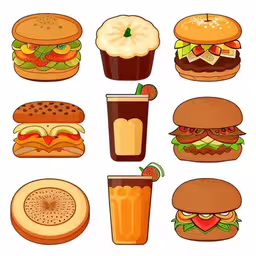 several different kinds of food and drinks in one picture,a variety of food including fries, burgers, and beverages,a collection of different food items and drinks,there are many different fast food items in this picture,this image is a collection of tasty hamburgers, cups of soda and soda