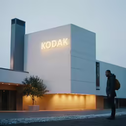 a man is walking outside a storefront with an illuminated kodak logo