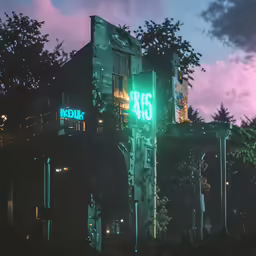 two different lights illuminate buildings on a night time