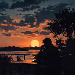 a person sitting on a bench as the sun sets