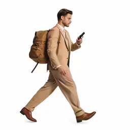 a man in suit with backpack walks with his cell phone