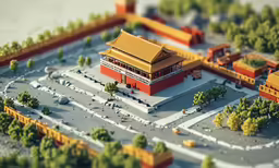an aerial view of a miniature pagoda in the middle of a town