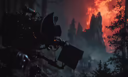 a camera set up in the woods with flames and trees