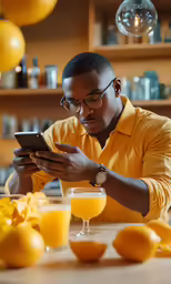 a person with a phone and some oranges