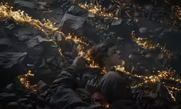 a woman laying on the ground in the middle of rocks and fire