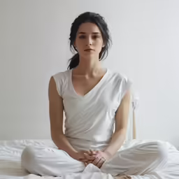 a woman in white on a bed with her feet crossed