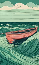 a wooden boat floating on top of waves,a small boat is on the water while it floats in the ocean