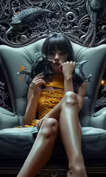 a girl sits on a couch and poses for a photograph