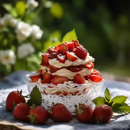 a strawberry shortcake with strawberries on a cloth
