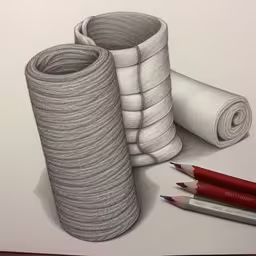 a pencil drawing of different items on the paper,pencil drawing a stack of toilet rolls and pencils