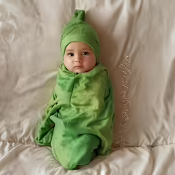 a young child laying on a bed wearing a green dinosaur suit