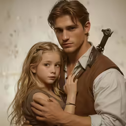 a man holding a girl with a gun on his back