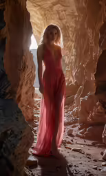 a blonde woman in red is posing for a photo
