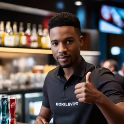 a person in front of a counter with bottles