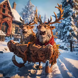 two sculptures of sleigh and deer riding through the snow