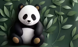 panda bear sitting in the grass with green leaves on it