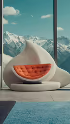 an unusual couch is shown near an open window