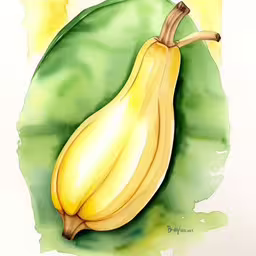 the painting depicts a yellow banana resting on a green leaf,watercolor painting of banana on leaf, watercolor on paper