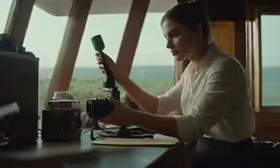 a woman is looking at her camera while holding the hand held camera