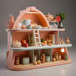 small display shelves with a painted orange wall