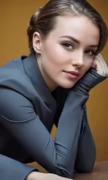 a beautiful woman in a blue suit posing