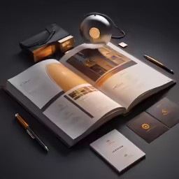 an opened brochure spread on the contents of a desk and phone