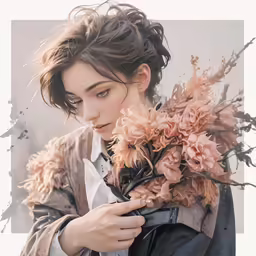 a woman with her coat over holding a bouquet of flowers