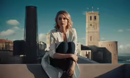 a blonde woman sitting on a rooftop in front of a castle