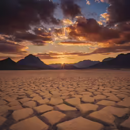 the sun is setting over a large salt flat