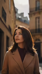 a woman in a suit is looking off into the distance