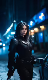 a woman in black leather costume with gun near car