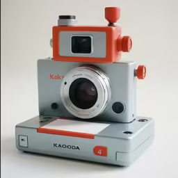 a camera with orange accents on a white background